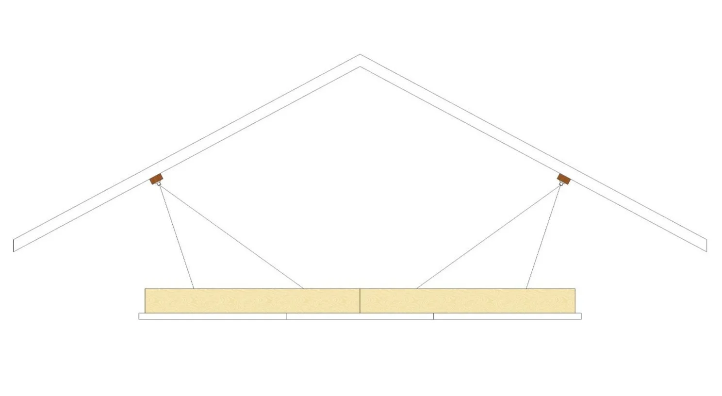 Line drawing of an attic roof structure with support beams, ceiling insulation, and two ceiling mounts.