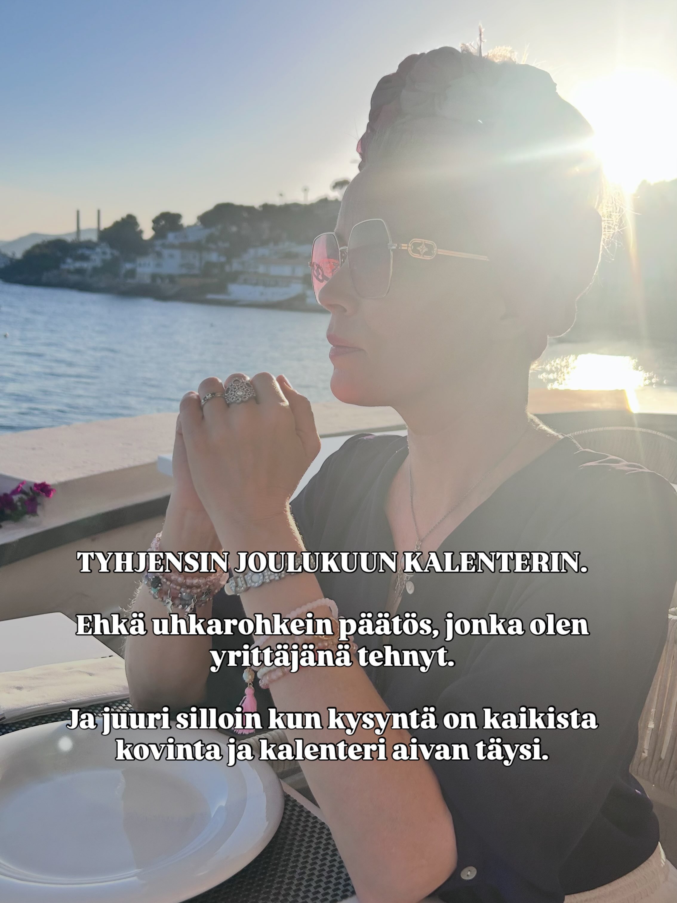 Tyhjensin joulukuun kalenterin.

Aika uhkarohkea p&auml;&auml;t&ouml;s yritt&auml;j&auml;lle. Varsinkin juuri ennen joulua, jolloin kalenterin voisi kuvitella olevan t&auml;ynn&auml; asiakkaita, keikkoja, palavereita ja kaikkea mahdollista.

Mutta t&