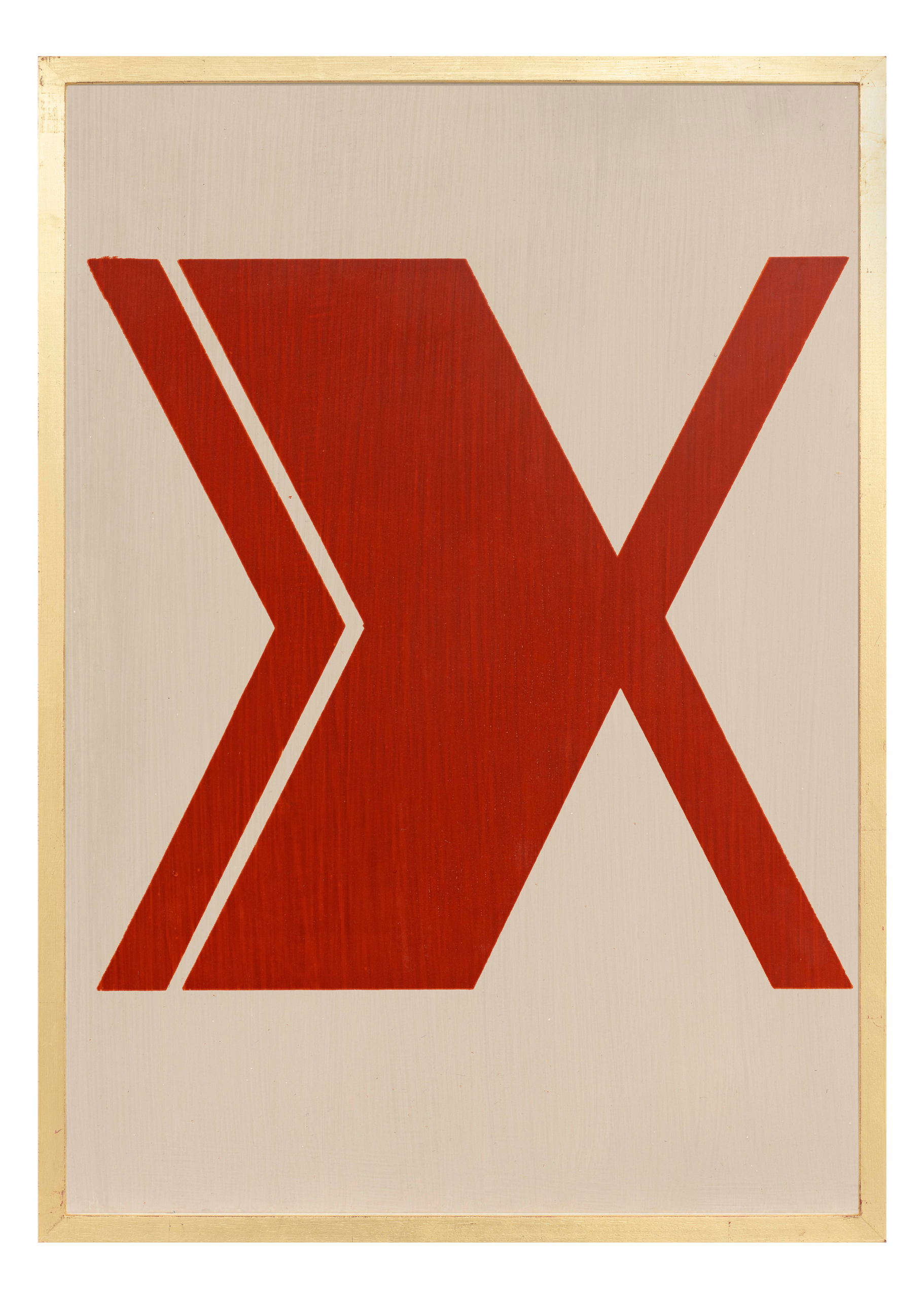 Alphabet screen print of red letter X on gesso board 594x841 mm by artist Rose Bamford