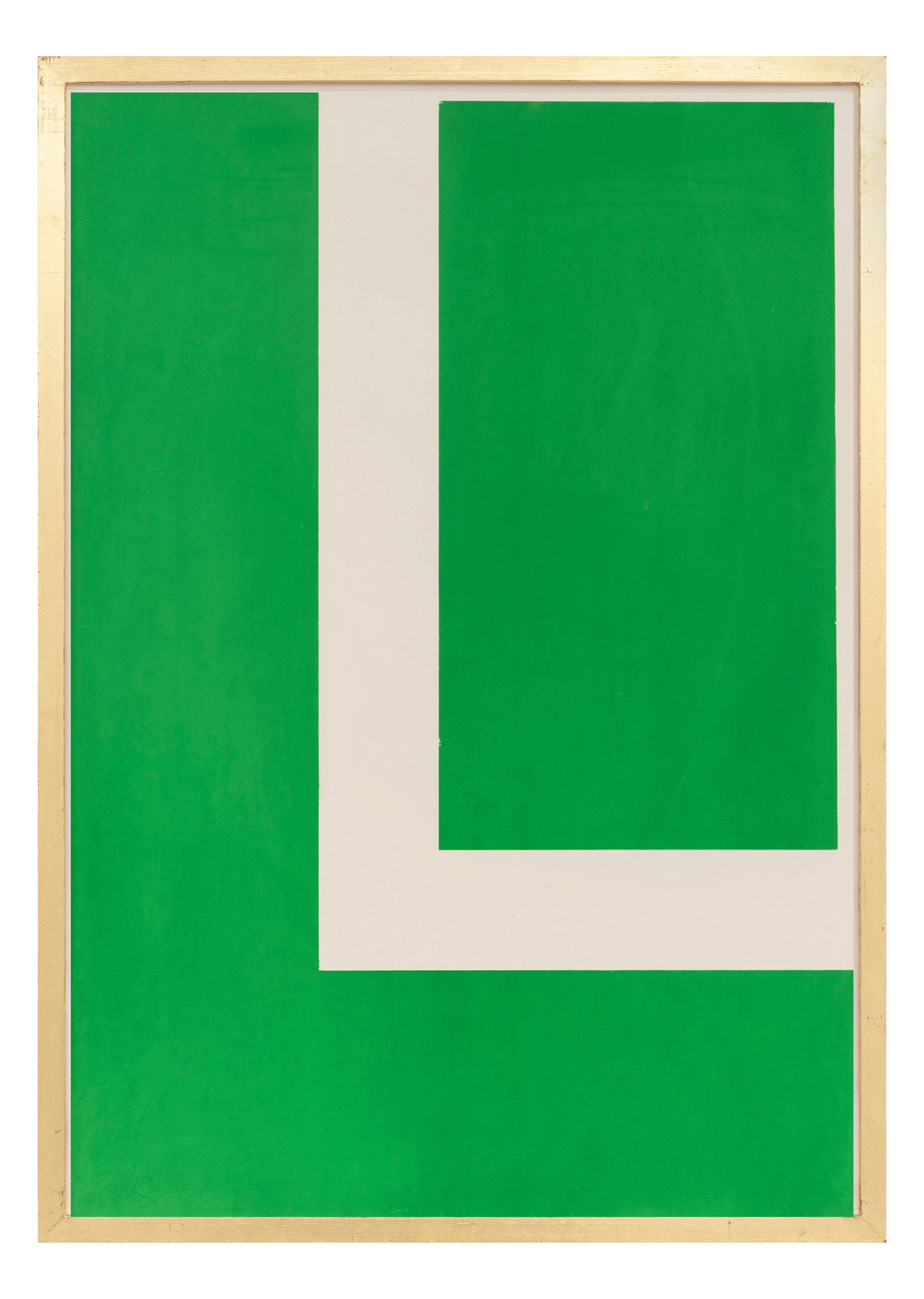 Alphabet screen print of cream letter L on green gesso board 594x841 mm by artist Rose Bamford