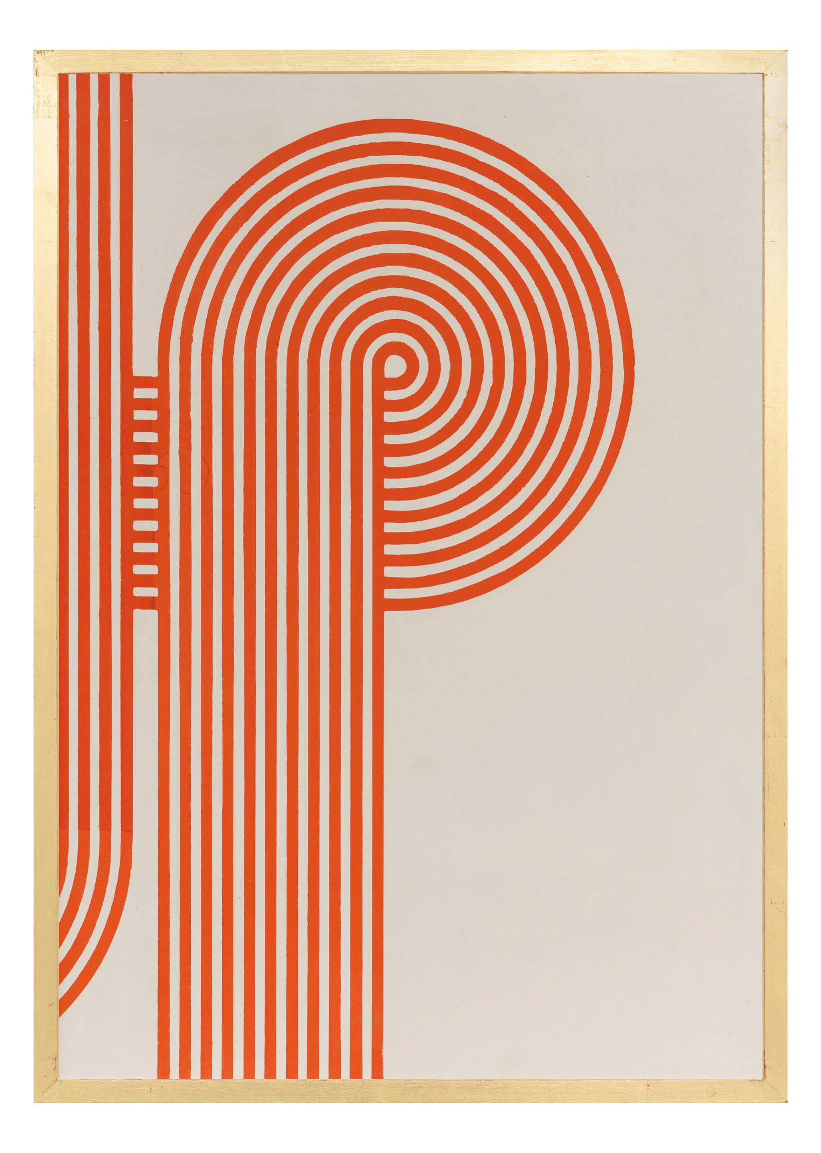 Alphabet screen print of black orange letter P on gesso board 594x841 mm by artist Rose Bamford