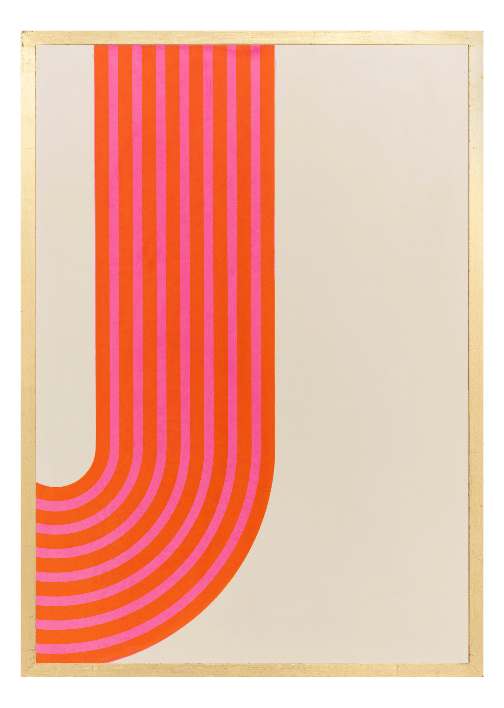 Alphabet screen print of pink and cream letter J on gesso board 594x841 mm by artist Rose Bamford