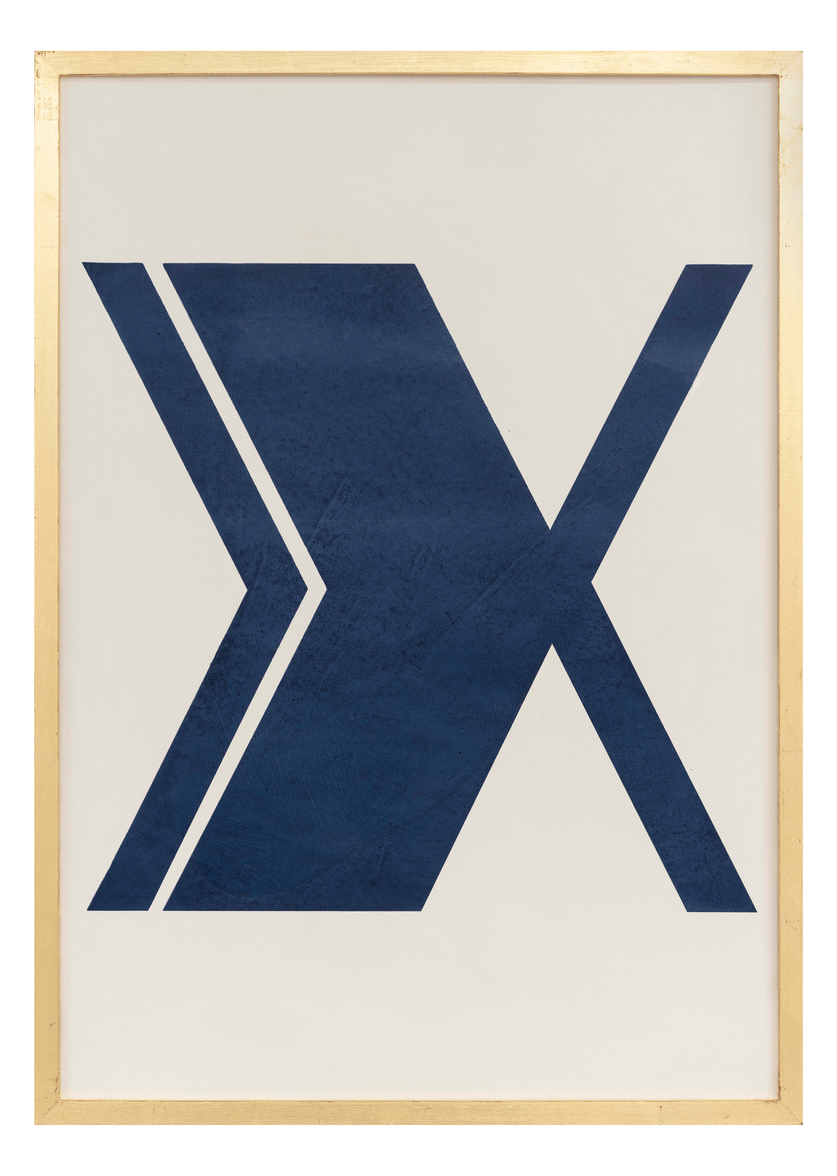 Alphabet screen print of blue letter X on gesso board 594x841 mm by artist Rose Bamford