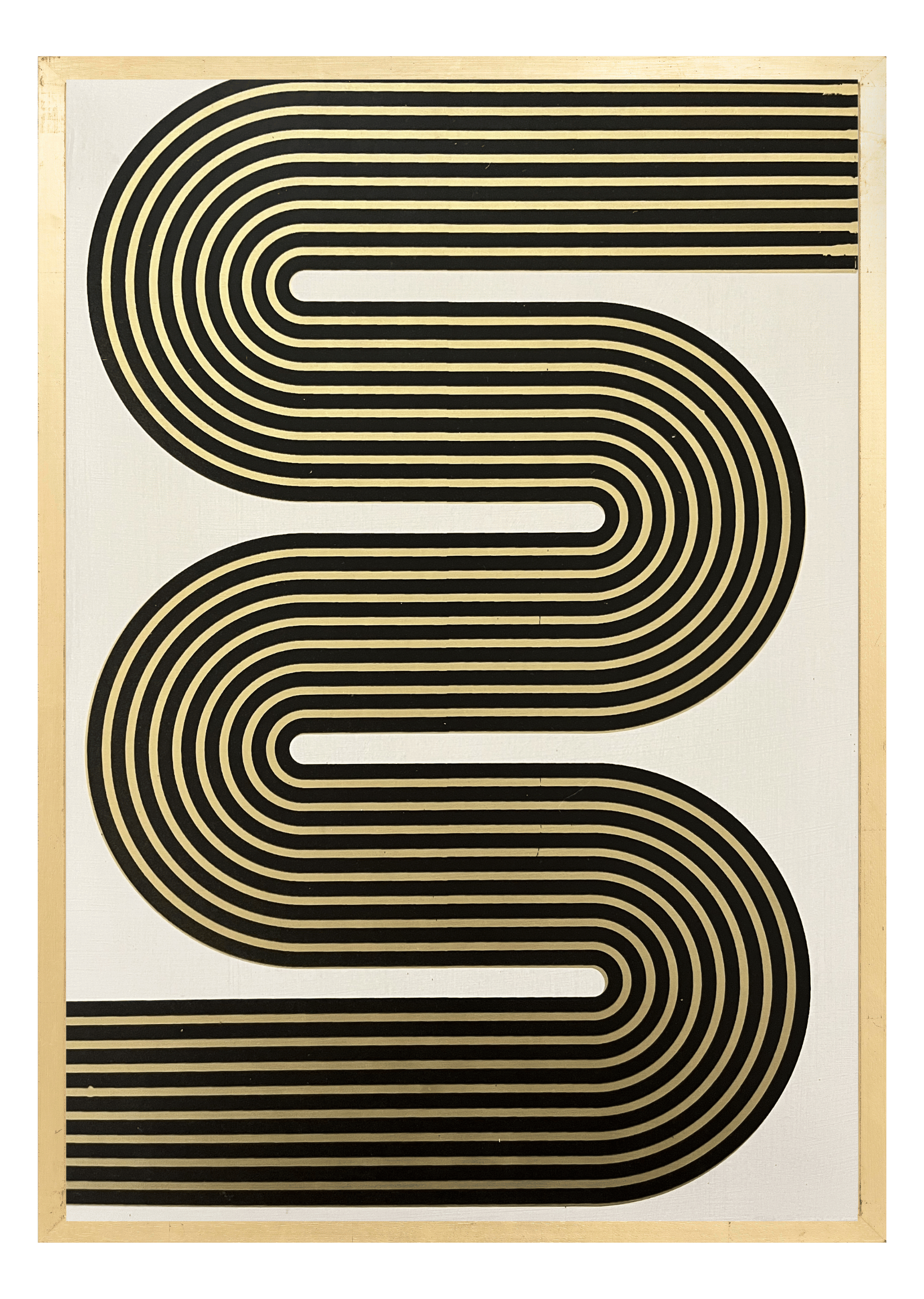 Alphabet screen print of gold striped letter S on gesso board 594x841 mm by artist Rose Bamford
