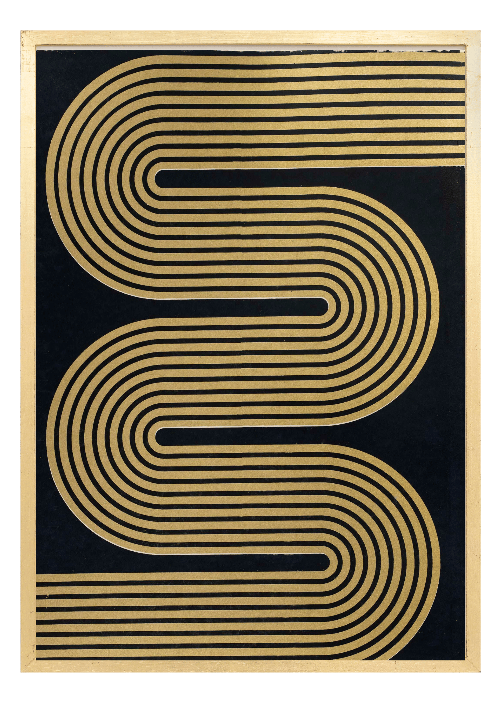 Alphabet screen print of gold & black striped letter S on gesso board 594x841 mm by artist Rose Bamford