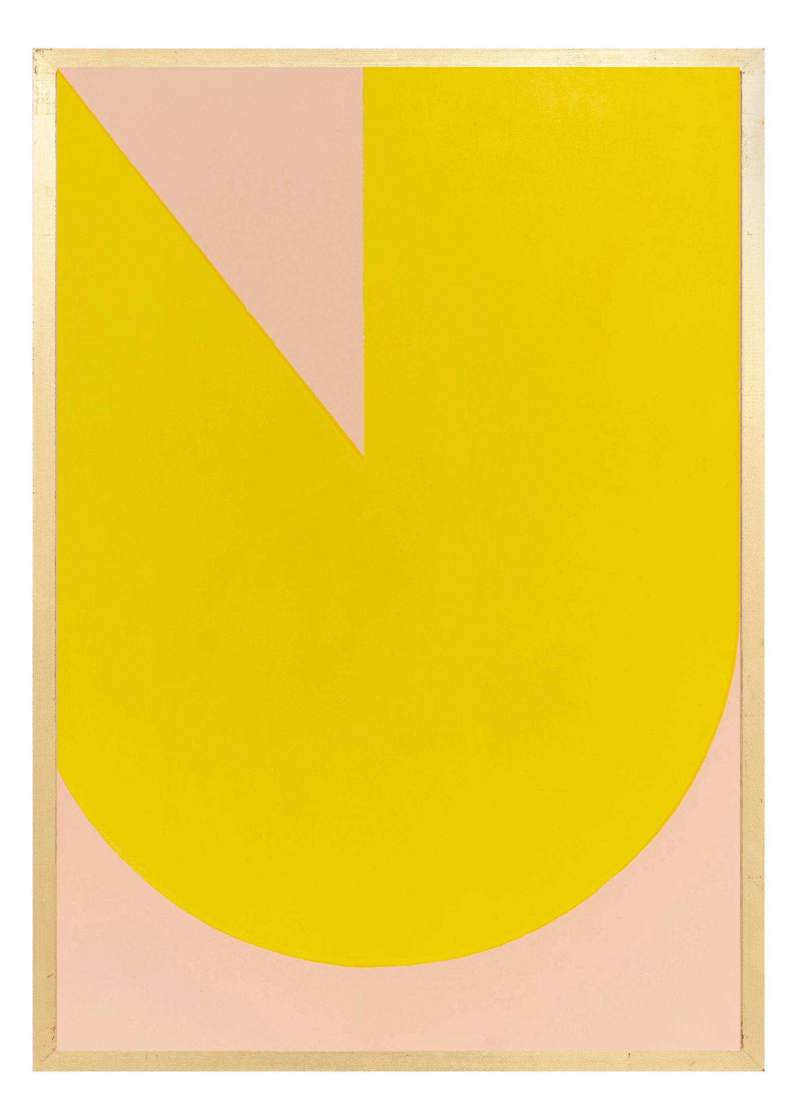 Alphabet screen print of yellow & pink letter U on gesso board 594x841 mm by artist Rose Bamford