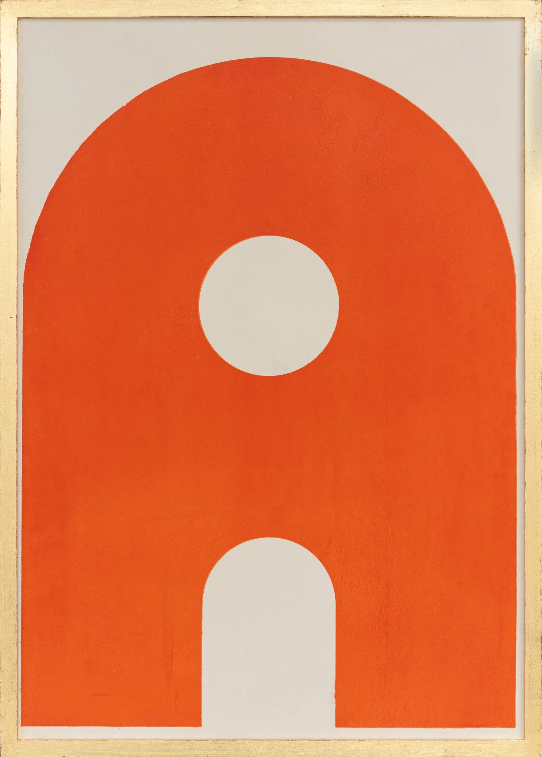 Abstract artwork with a large red-orange shape resembling a stylized question mark or letter 'D' on a white background.