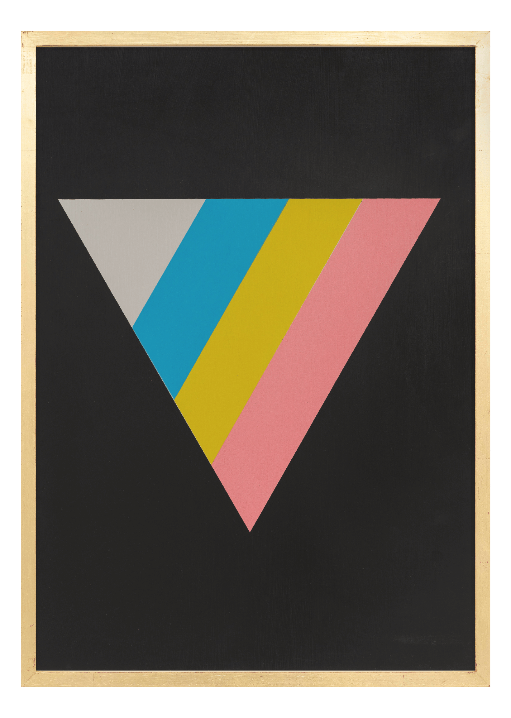Alphabet screen print of blue, pink and yellow letter V on black gesso board 594x841 mm by artist Rose Bamford
