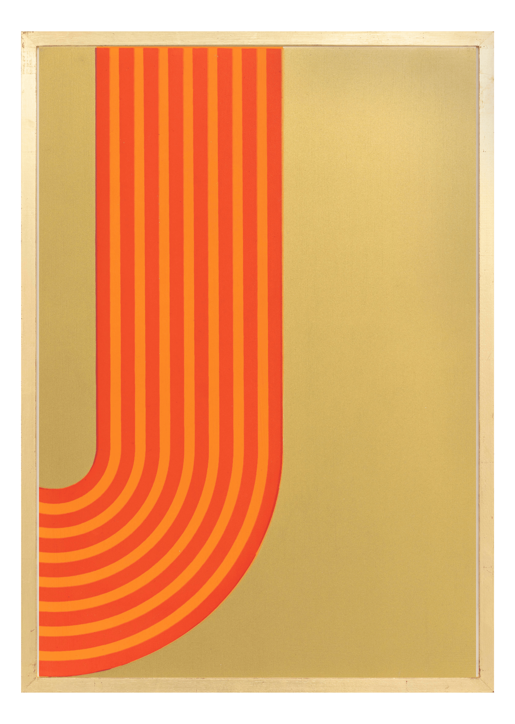 Alphabet screen print of gold and pink letter J on gesso board 594x841 mm by artist Rose Bamford