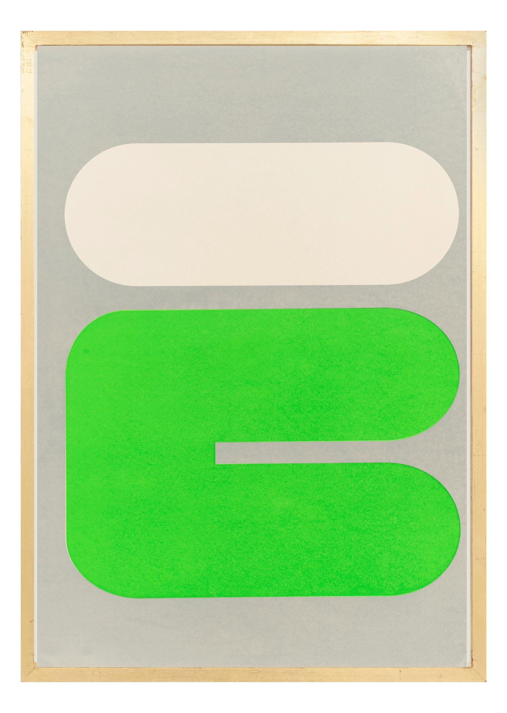 Alphabet screen print of green & cream letter E on gesso board 594x841 mm by artist Rose Bamford