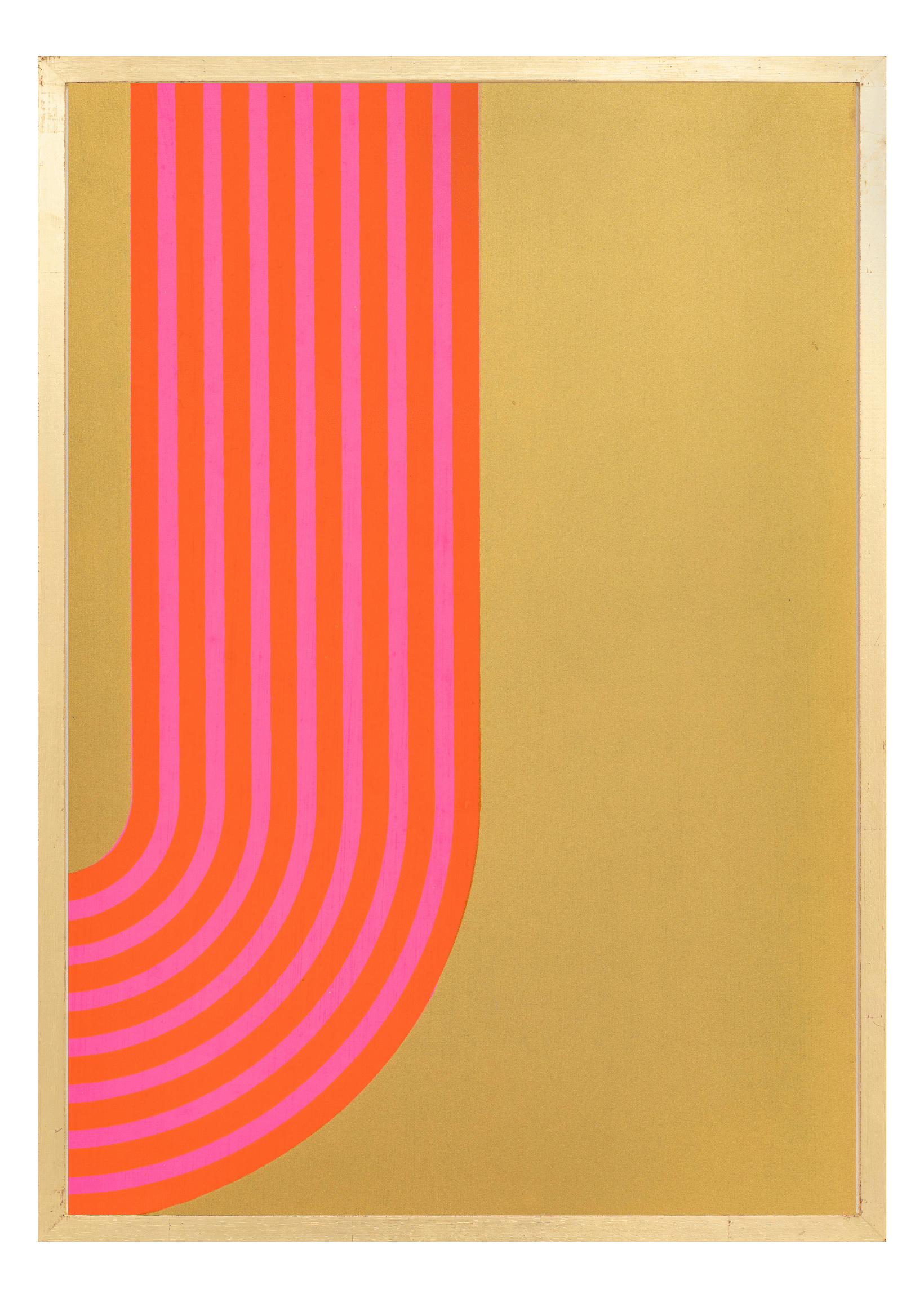 Alphabet screen print of striped pink letter J on gesso board 594x841 mm by artist Rose Bamford