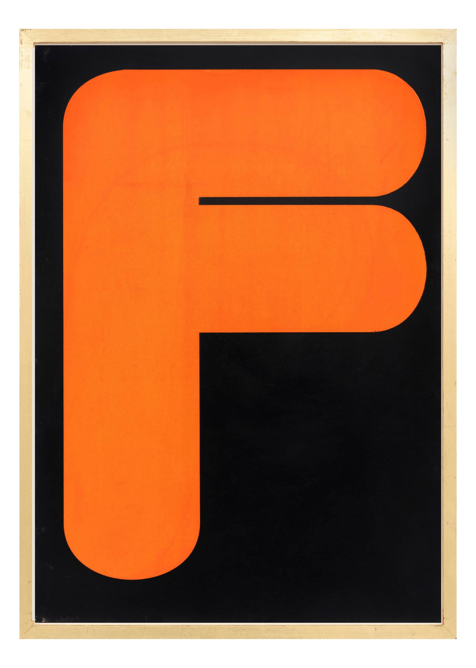Alphabet screen print of orange letter F on gesso board 594x841 mm by artist Rose Bamford