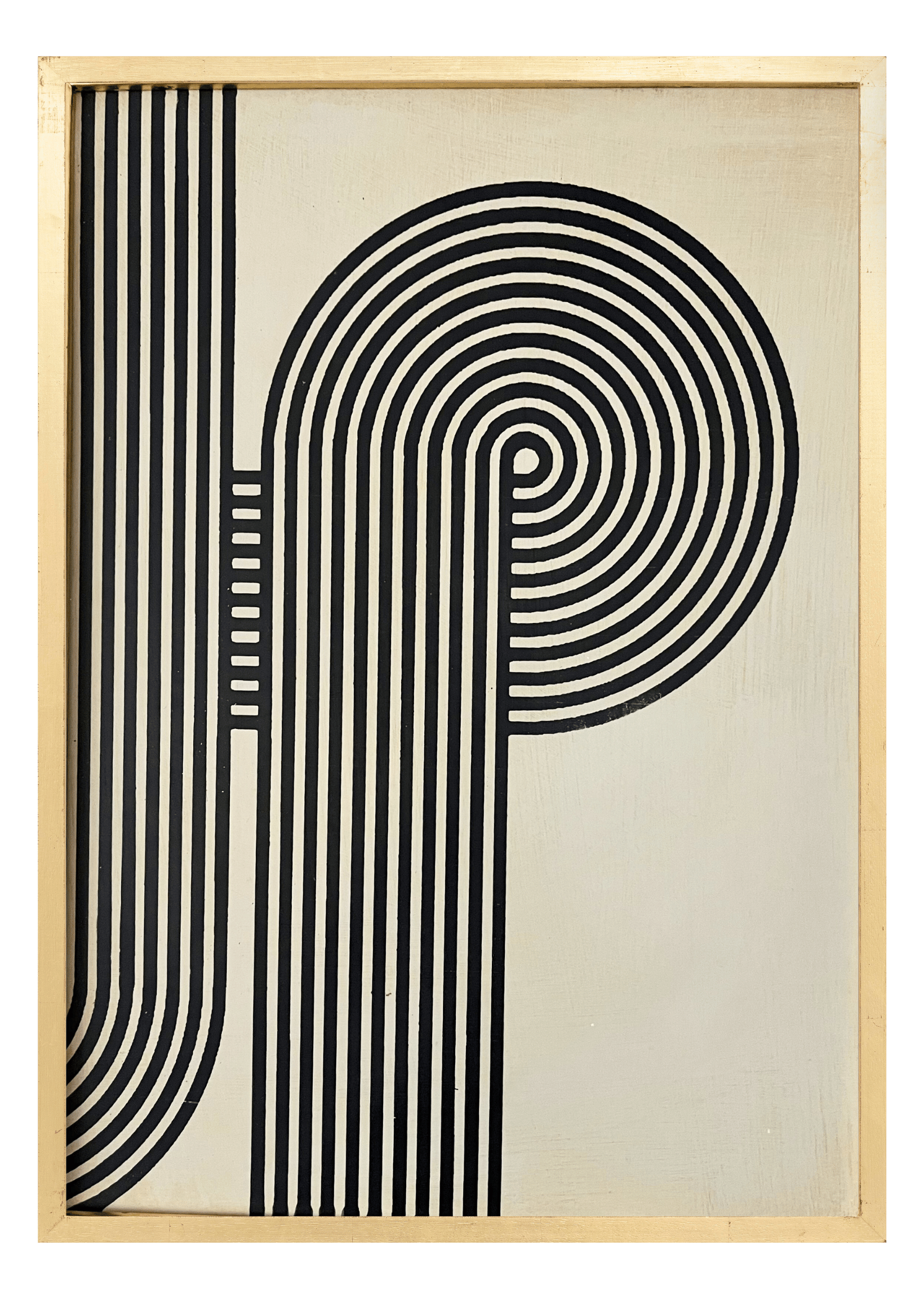 Alphabet screen print of black striped letter P on gesso board 594x841 mm by artist Rose Bamford