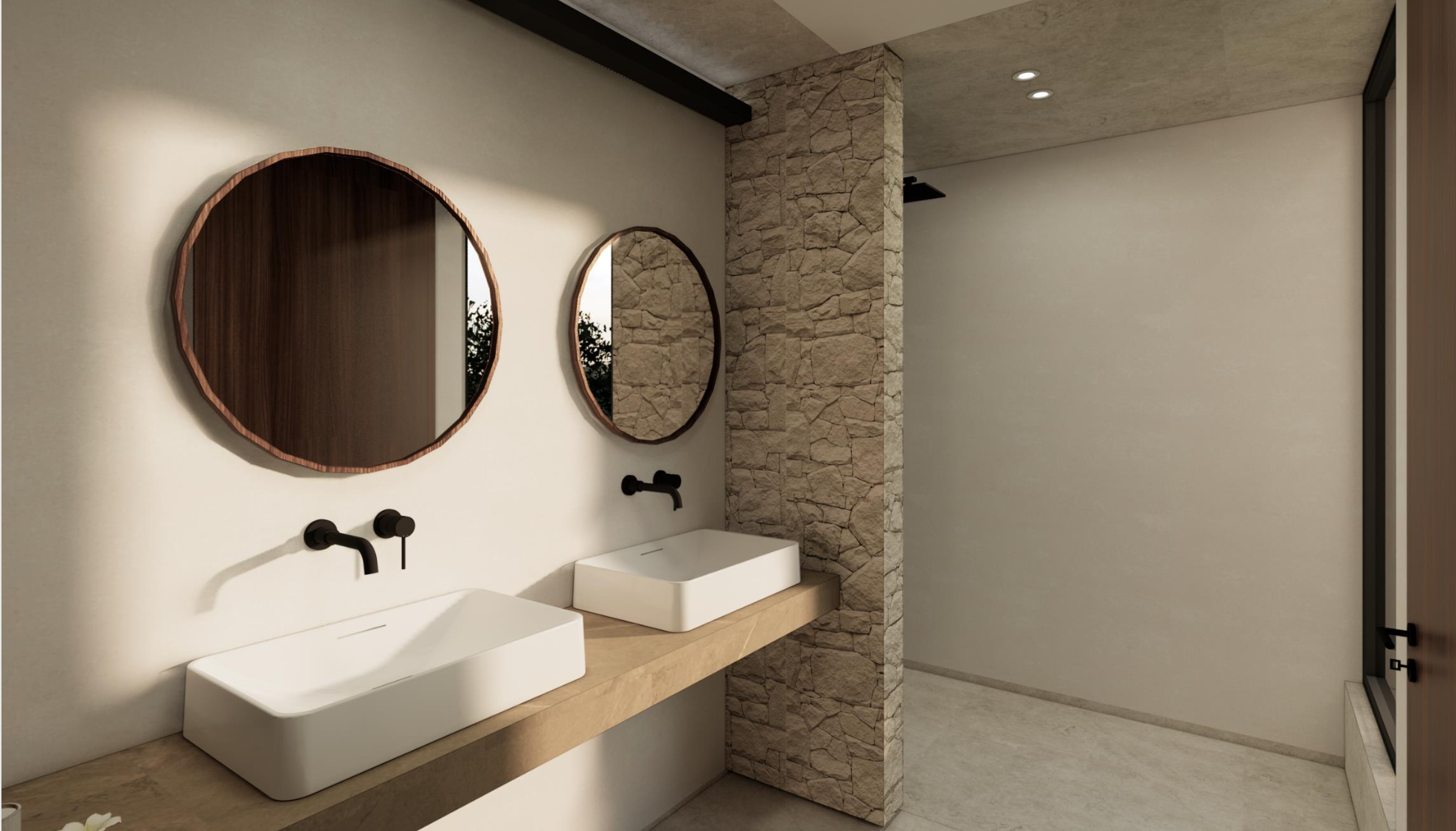 Modern bathroom with double vessel sinks on a wooden countertop, circular mirrors with wooden frames, textured stone wall section, black wall-mounted faucets, and large glass window with a view outside.