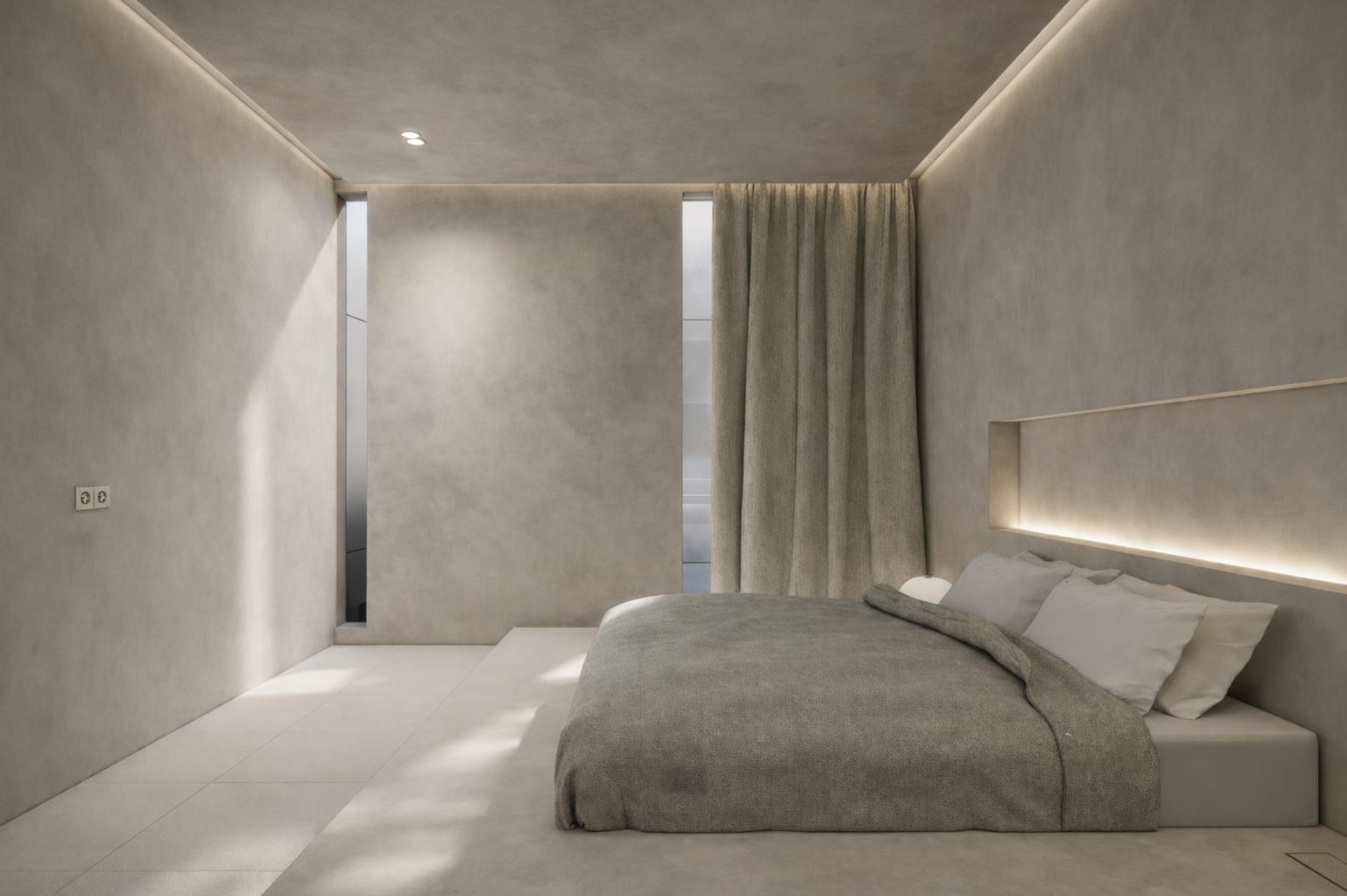 Minimalist bedroom with beige walls, a bed with white pillows and gray bedding, curtain, and built-in lighting.