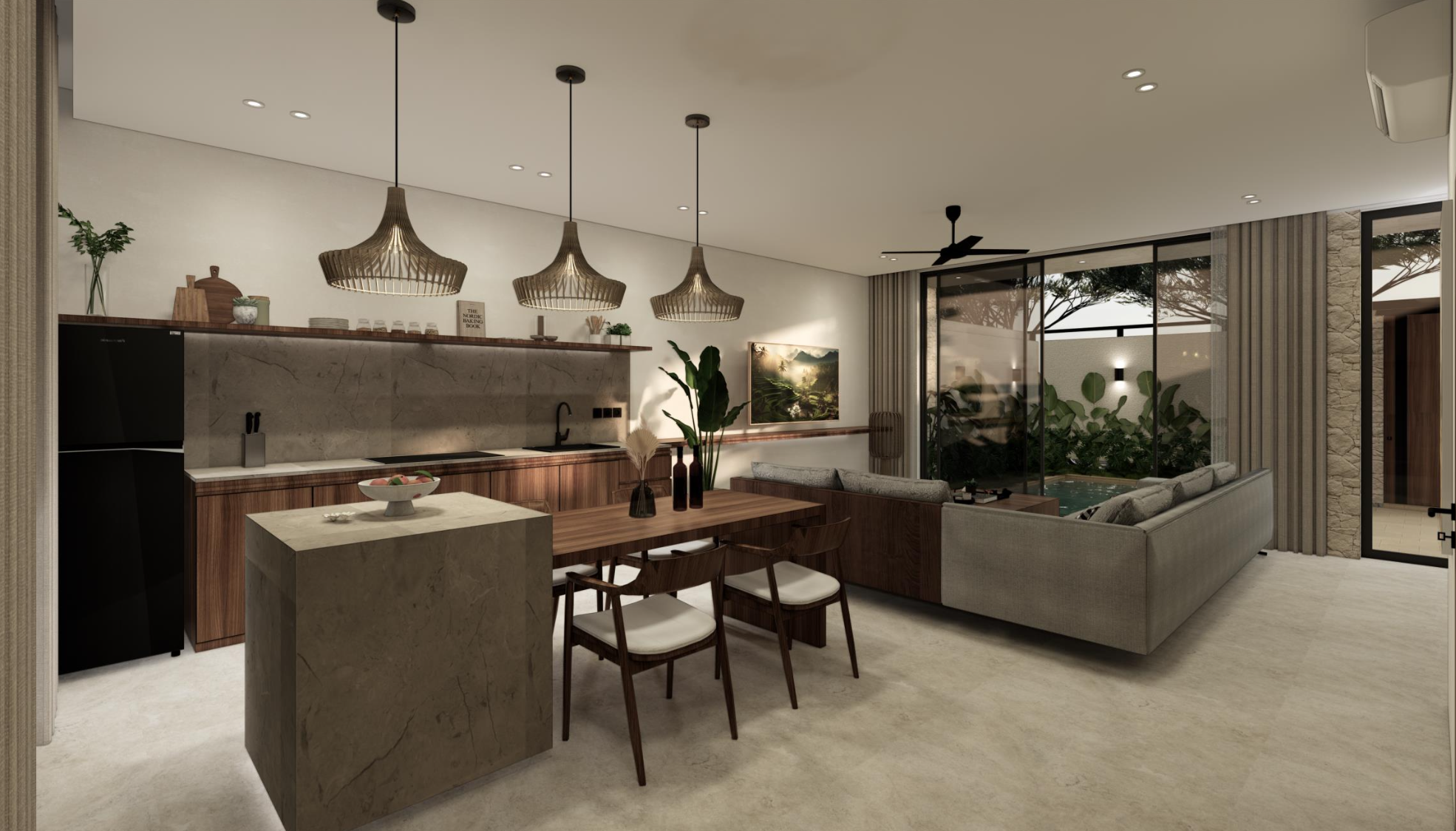 Open-concept living room and kitchen with modern decor, pendant lighting, a dining table with chairs, a gray sectional sofa, large windows with curtains, and a view of a garden outside.