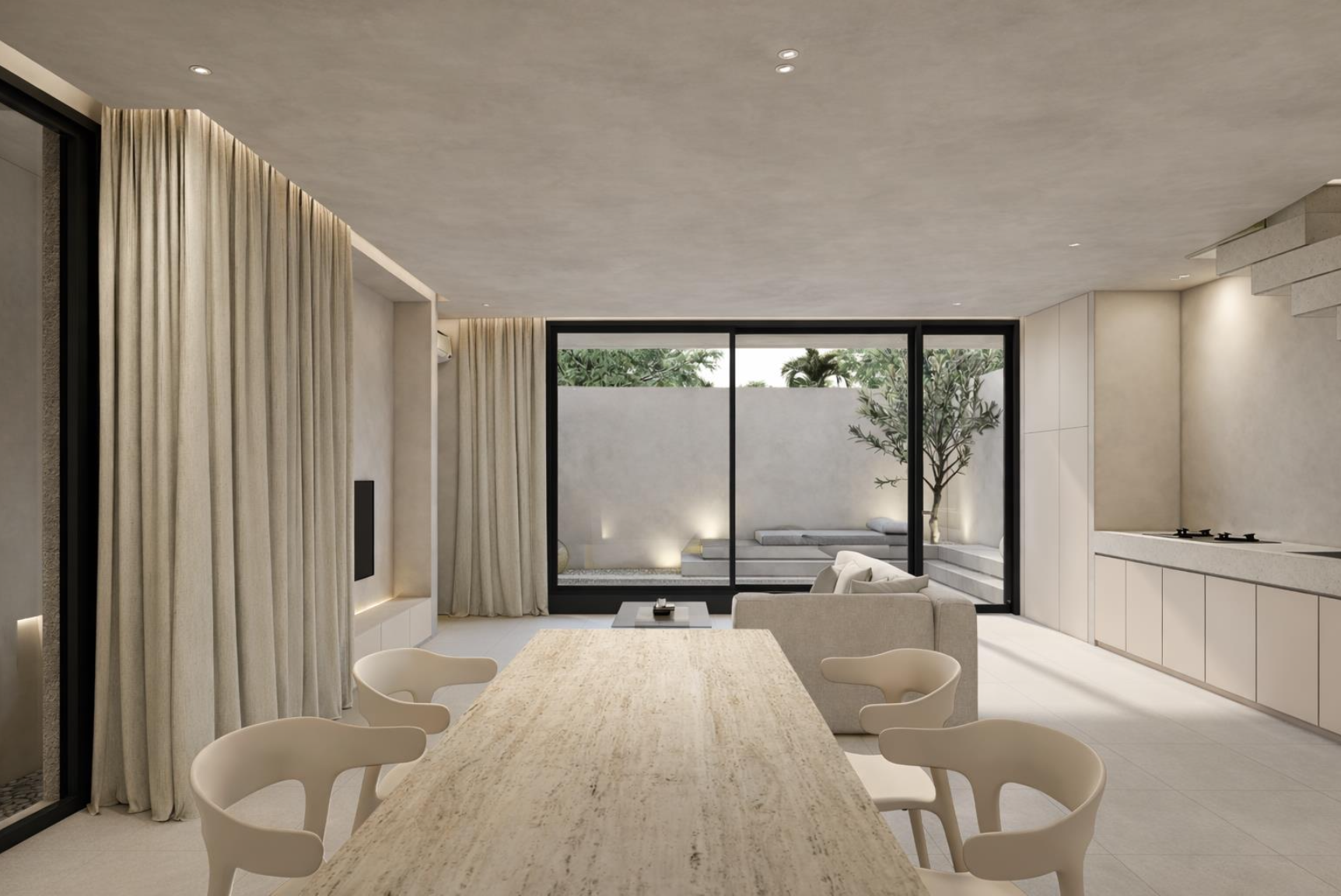 Minimalist living room with sliding glass doors leading to a small outdoor patio, beige curtains, a dining table with chairs, a sofa, a small coffee table, and a kitchen area with a stove.