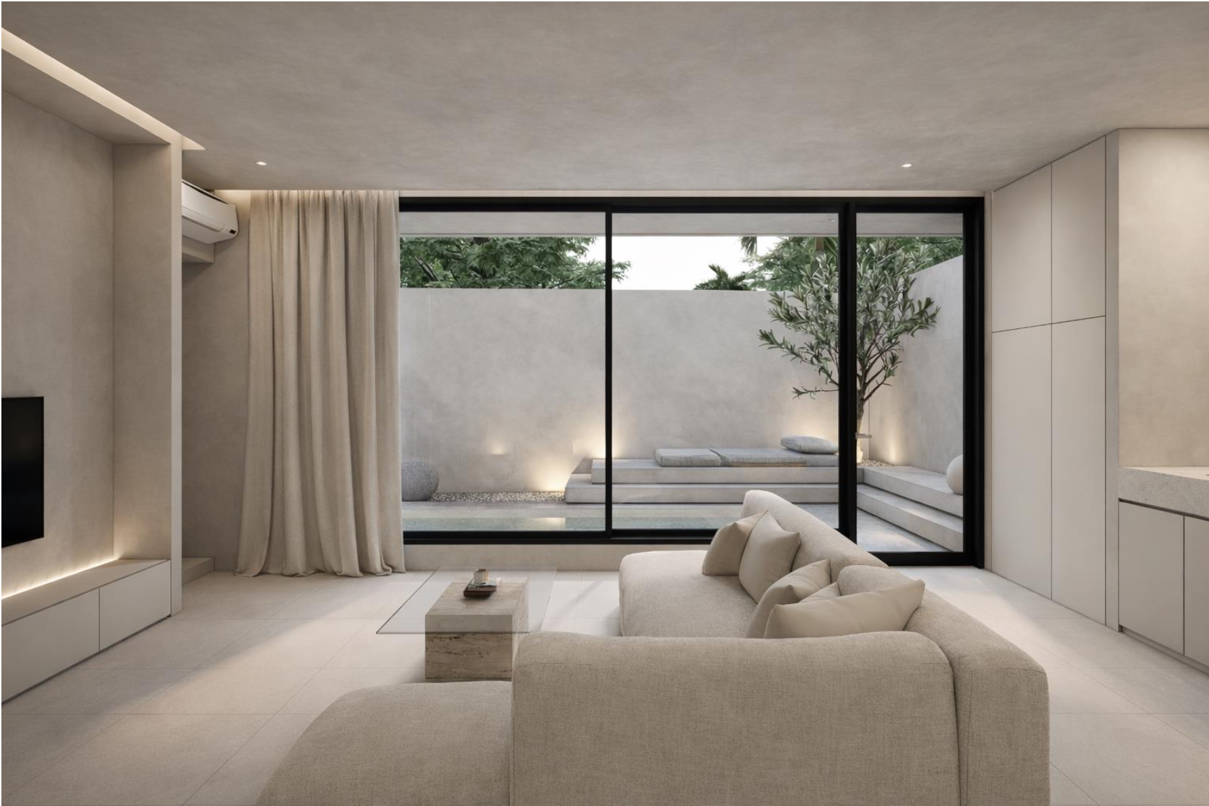 Minimalist living room with a beige sofa, a small coffee table, and a large sliding glass door leading to an outdoor space with steps, a tree, and greenery.