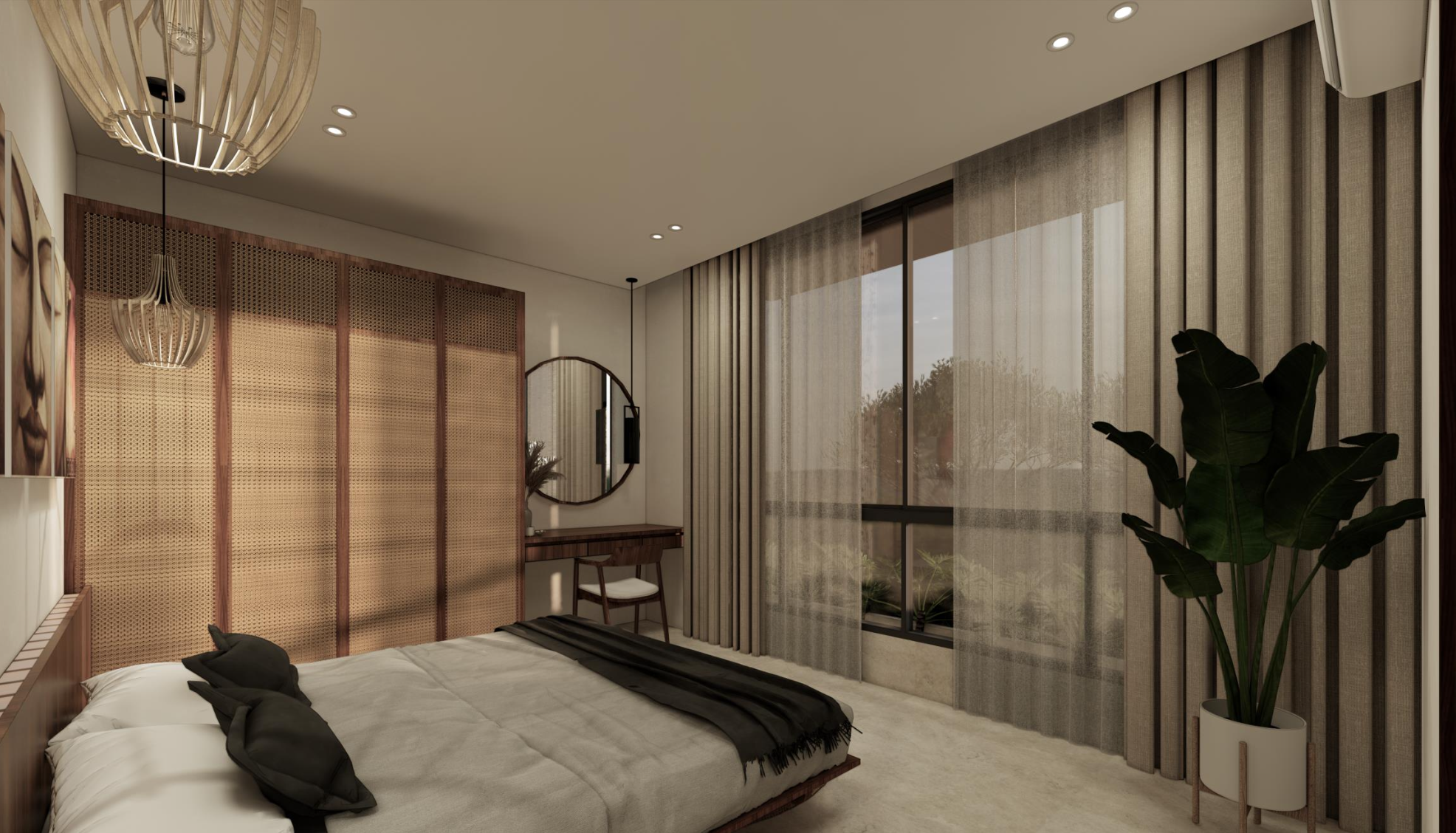 Modern bedroom with a large bed, black pillows, and a black throw blanket. A wooden partition with a circular mirror and a desk by the window. Large window with sheer curtains, a potted plant, and ceiling lights.