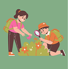 Two children exploring outdoors, one using a magnifying glass to look at flowers, both wearing backpacks.