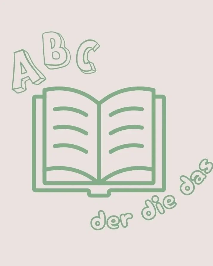 A simple line drawing of an open book with three letters (A, B, C) floating above it, and the German words 'der die das' surrounding the book.