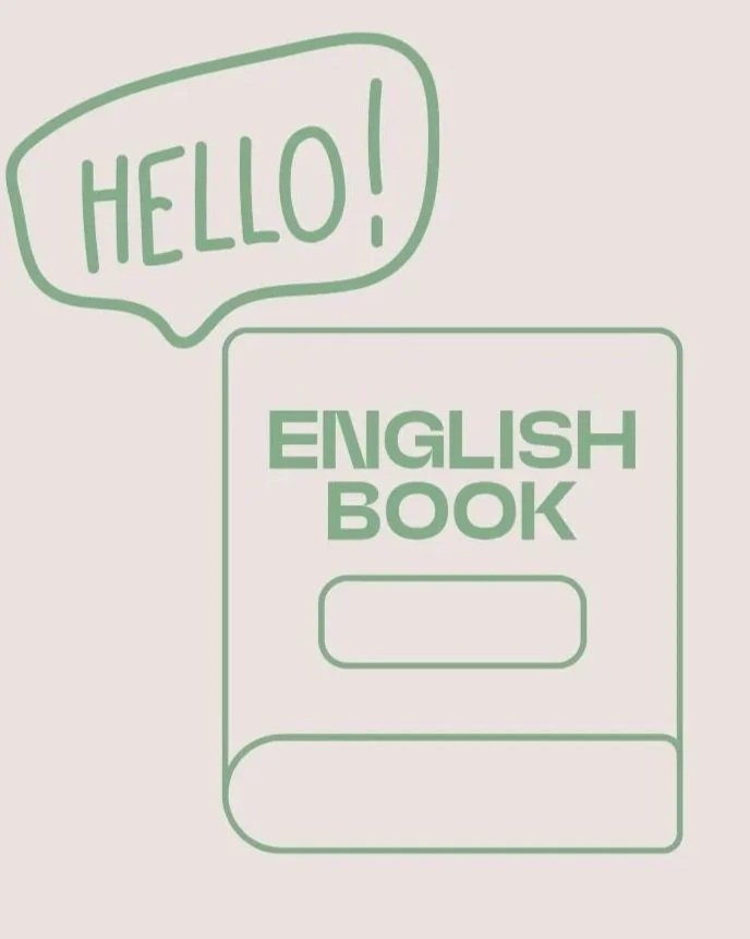 Illustration of a simple green line drawing of an English book with a speech bubble above it that says 'HELLO!'