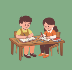 Two children sitting at a wooden table, working on notebooks and writing utensils, with a green background.