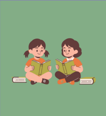 Two girls sitting on the floor reading books amid scattered books on a green background.