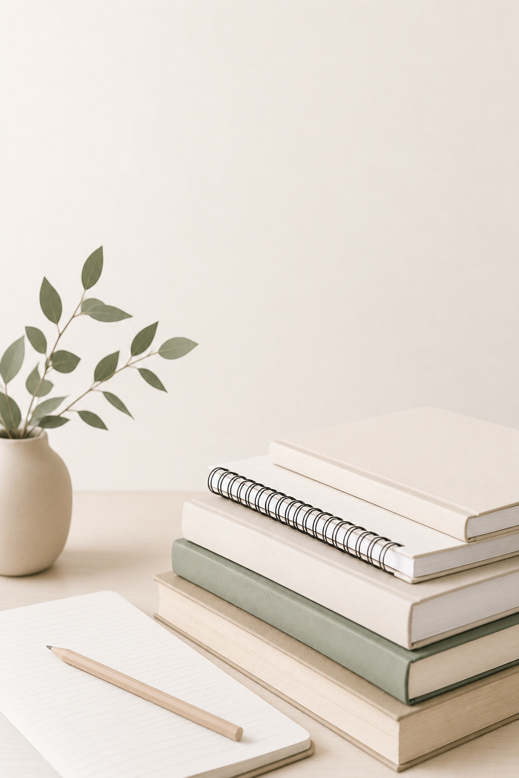 A stack of beige, white, and green books, a spiral notebook, and a lined notepad with a wooden pencil on top, all arranged on a light-colored desk with a vase containing green leaves on the side.  Tutoring.
