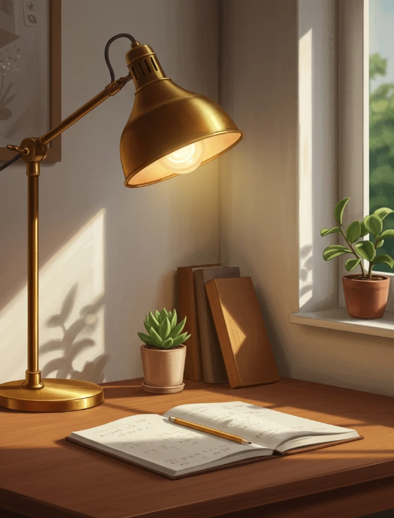 A cozy wooden desk with an open notebook and pen, a brass desk lamp turned on, two potted plants, and a couple of books near a window with sunlight streaming in.  Tutoring.