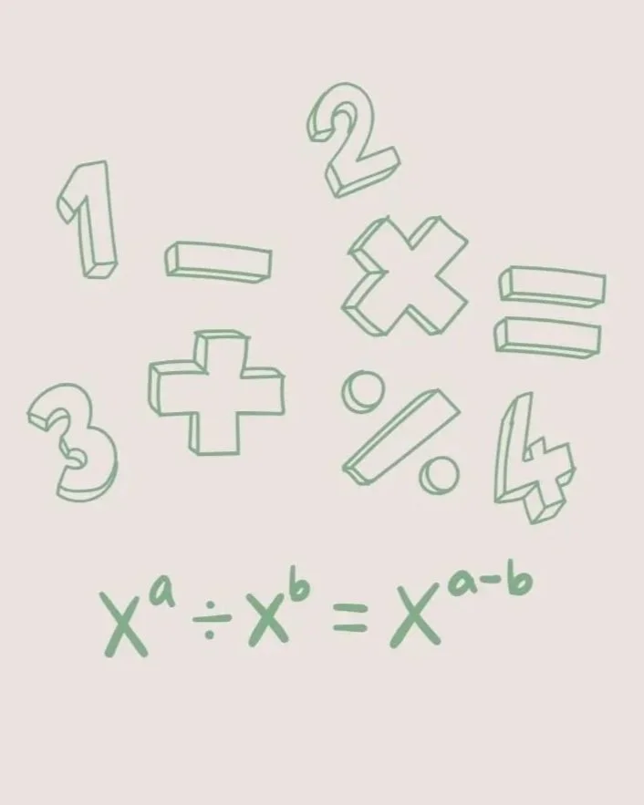Mathematical symbols and equations related to exponents, division, multiplication, and fractions written in a sketch style.
