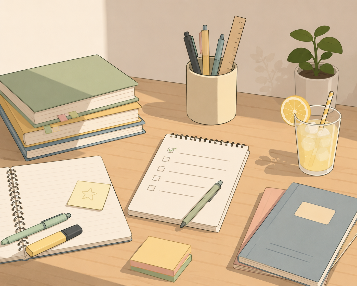 A desk with books, notebooks, a checklist, pens, a plant, and a glass of lemon drink.  Tutoring.