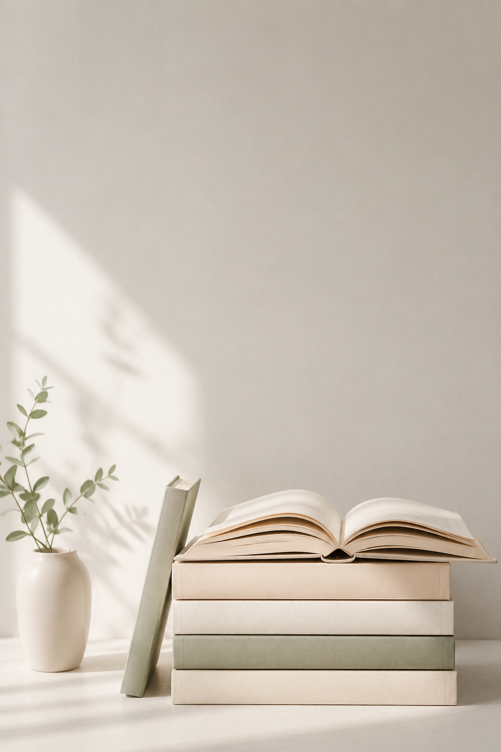 Open book on a stack of closed books with a beige cover, and a small plant in a white vase on a white surface, with a light-colored wall in the background. Tutoring.