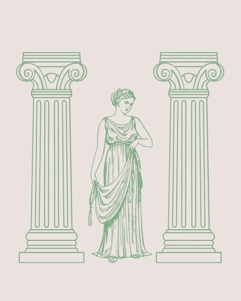 Line art illustration of a classical woman in a toga between two Greek-style columns.