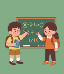 Two children standing in front of a blackboard with math equations, one holding a book and the other pointing at the board.