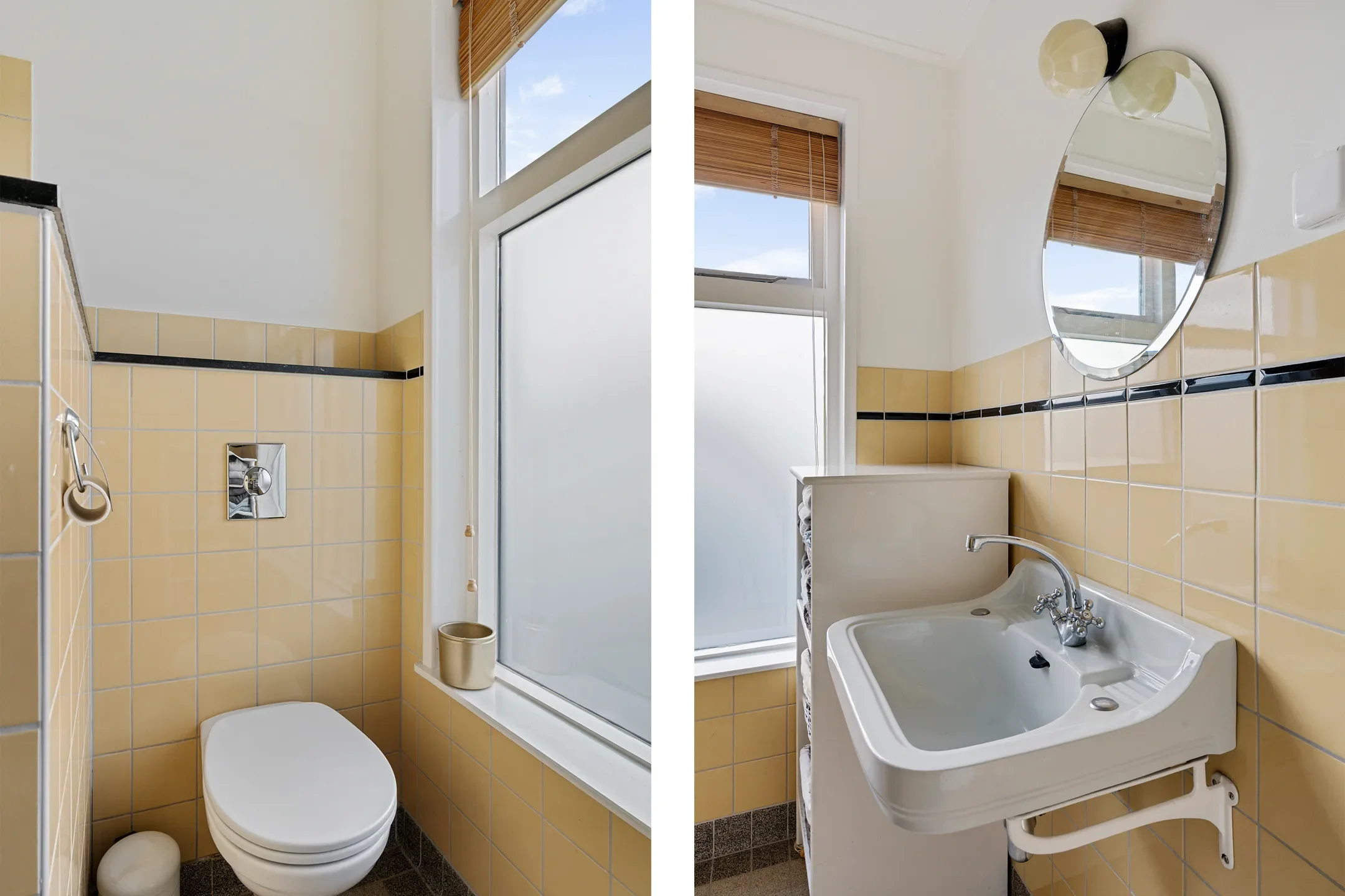 Split image of a small bathroom, with the left side showing a toilet and the right side showing a sink and mirror. Both sides have yellow tile walls with black border accents, a window with a wooden blind, and natural light.
