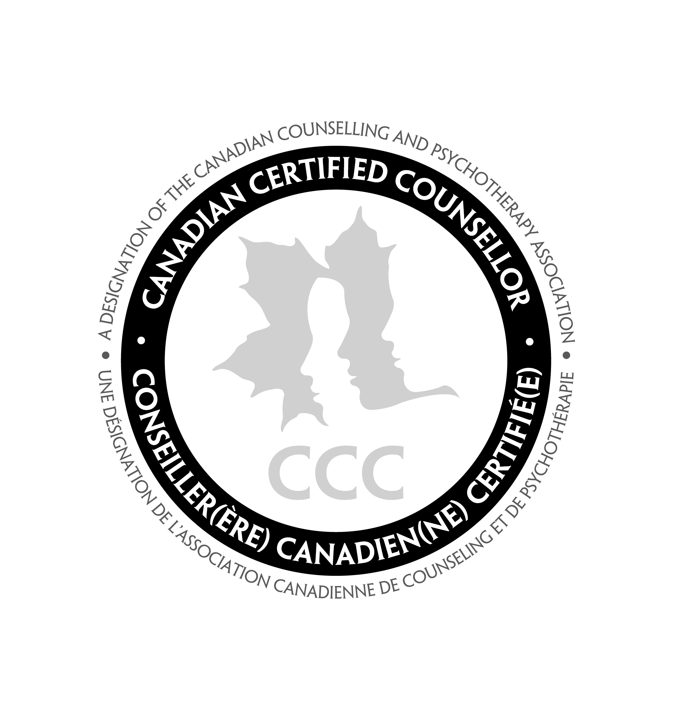 Seal of the Canadian Certified Counsellor, featuring a maple leaf at the center and surrounded by circular text in English and French designating Canadian association of credentialed counselors.