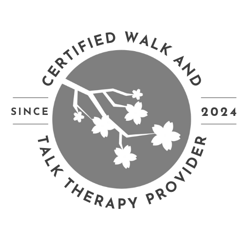 Logo featuring a circle with a cherry blossom branch inside, surrounded by the text 'Certified Walk and Talk Therapy Provider' and 'Since 2024'.