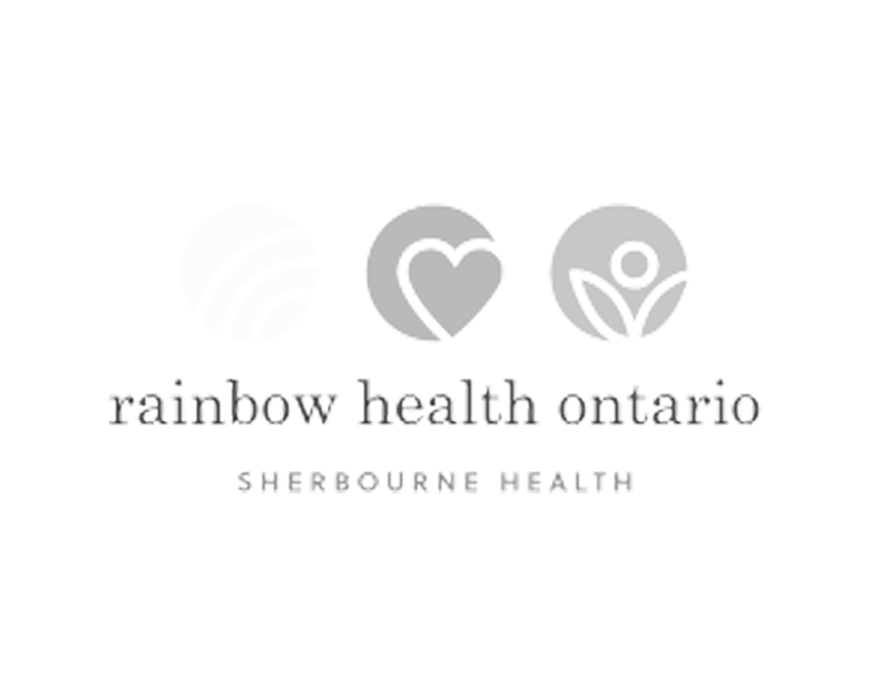 Logo for Rainbow Health Ontario featuring a heart and a flower icon with text below that reads "Rainbow Health Ontario" and "Sherbourne Health."