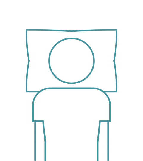 Outline drawing of a person lying in a bed with a pillow.