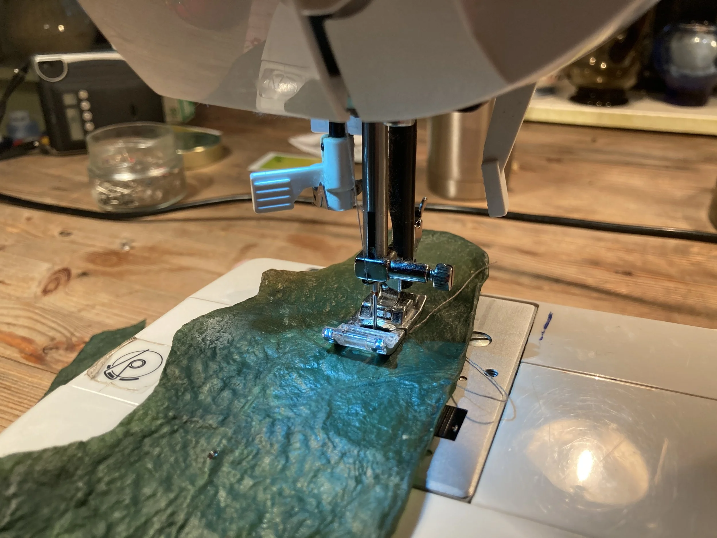 Bacterial cellulose leather being stitched on a standard sewing machine.JPG