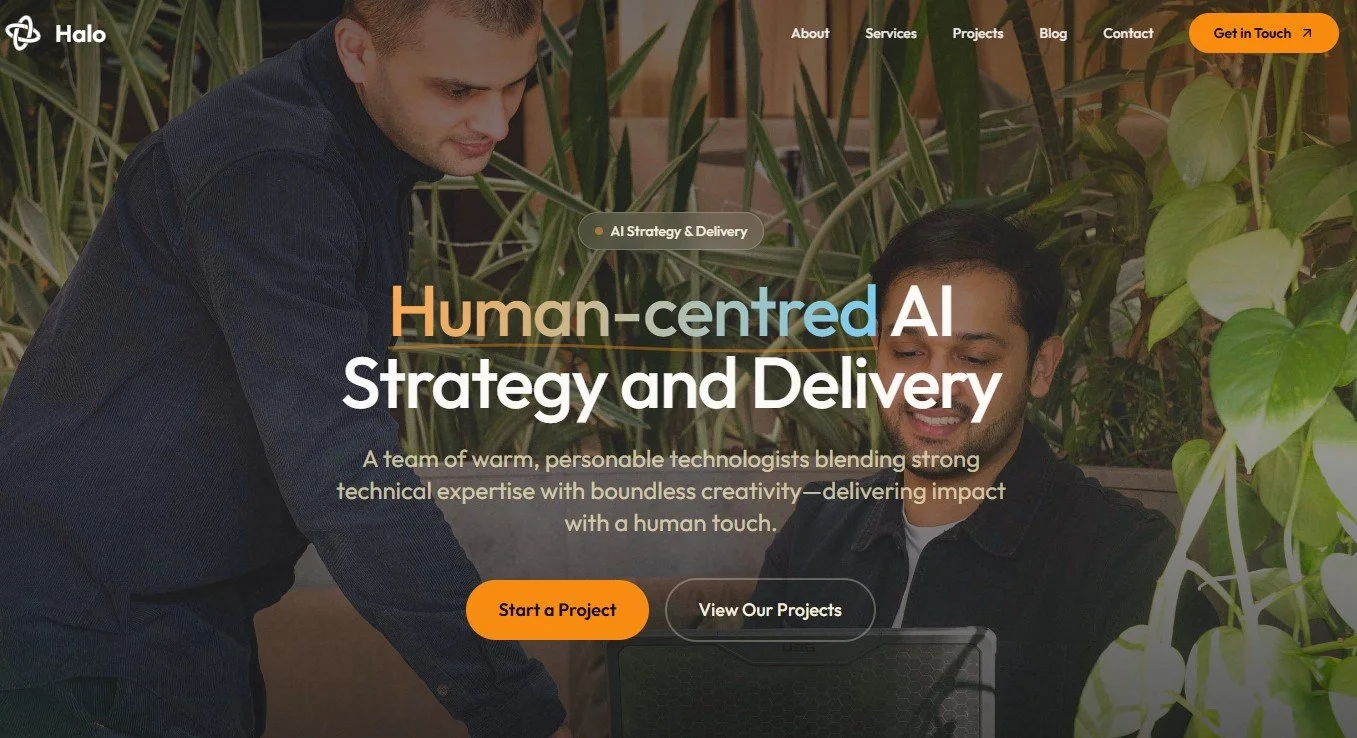 Website homepage for a company called Halo, featuring a man and a woman working together with lush green plants in the background. The headline reads 'Human-centred AI Strategy and Delivery,' with buttons for starting a project and viewing projects, and navigation links for About, Services, Projects, Blog, and Contact in the top menu.
