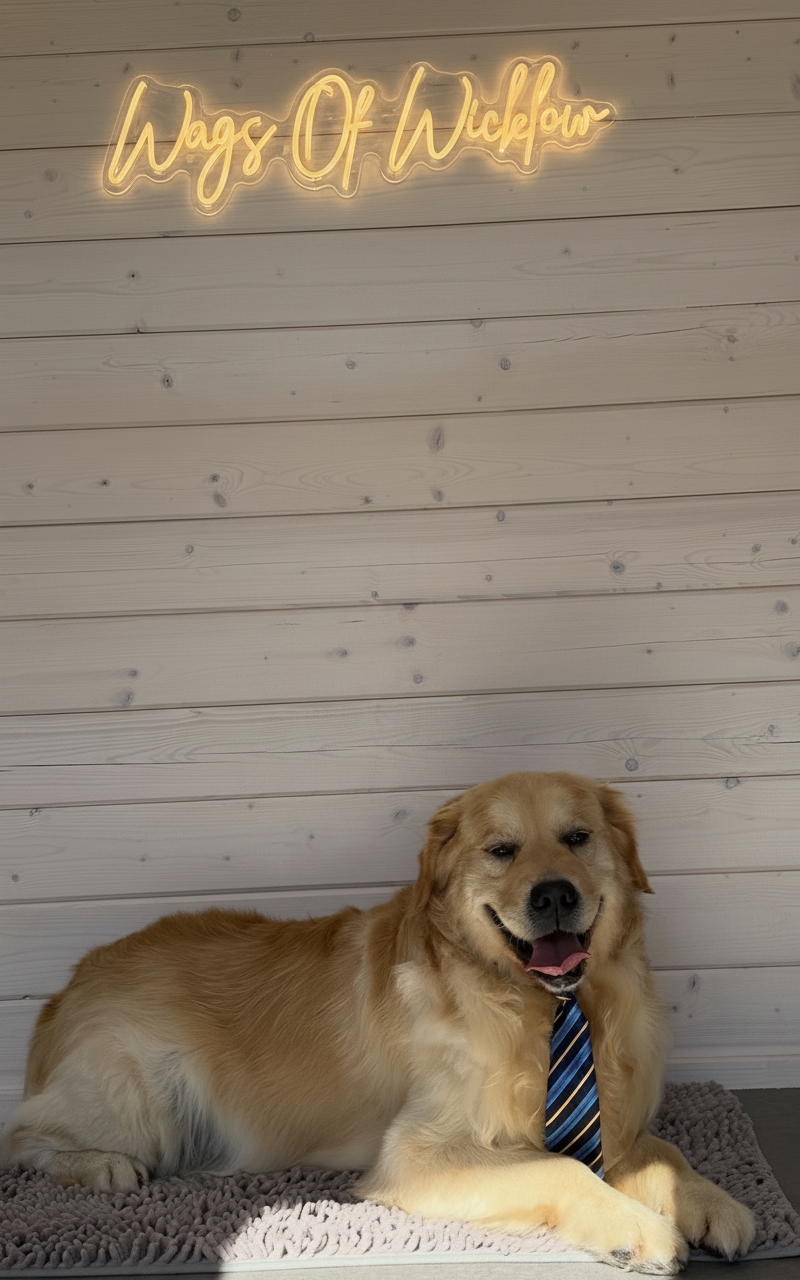 A happy golden retriever dog wearing a striped tie, lying on a textured grey mat, in front of a light-colored wooden wall with a neon sign that reads 'Wags Of Waddleow.'