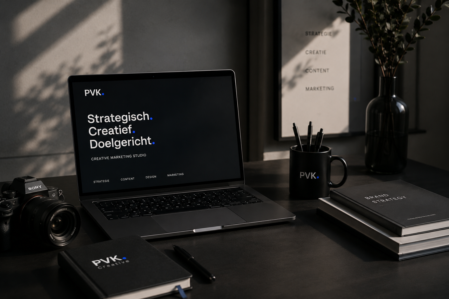 Donkere PVK Creative werkplek met laptop, camera en branding voor online marketing en contentstrategie.
