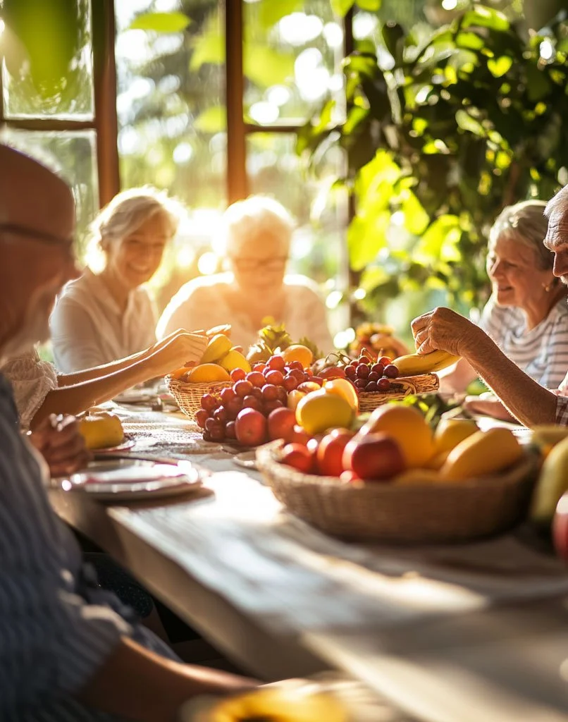 Elderly people sitting around a table with baskets of fresh fruit, including bananas, apples, grapes, and oranges, enjoying a meal or gathering in a sunlit room with large windows and greenery outside.
