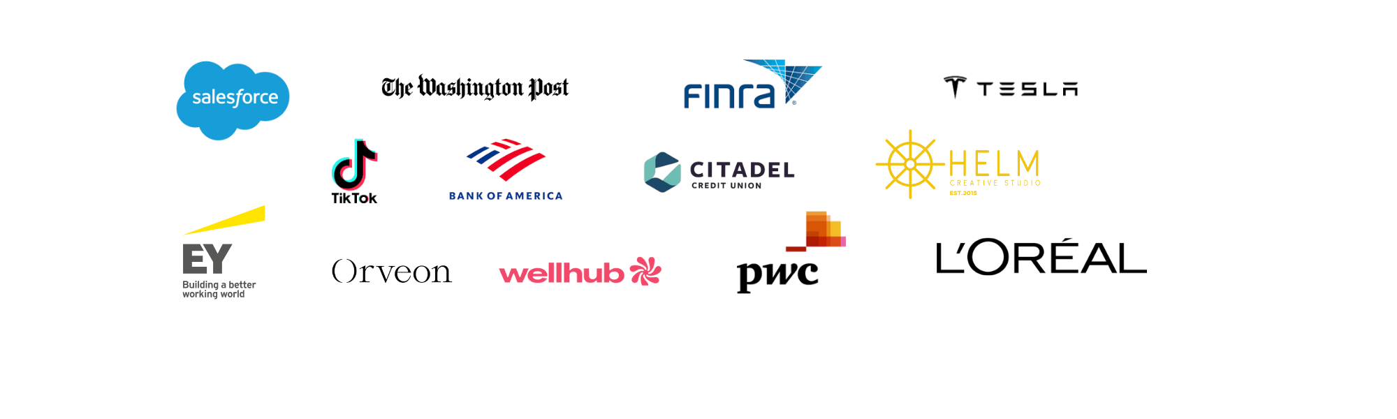 Collection of logos from various companies including Salesforce, TikTok, Bank of America, EY, Wellhub, Citadel, FINRA, Tesla, Helm Creative Studio, and others.