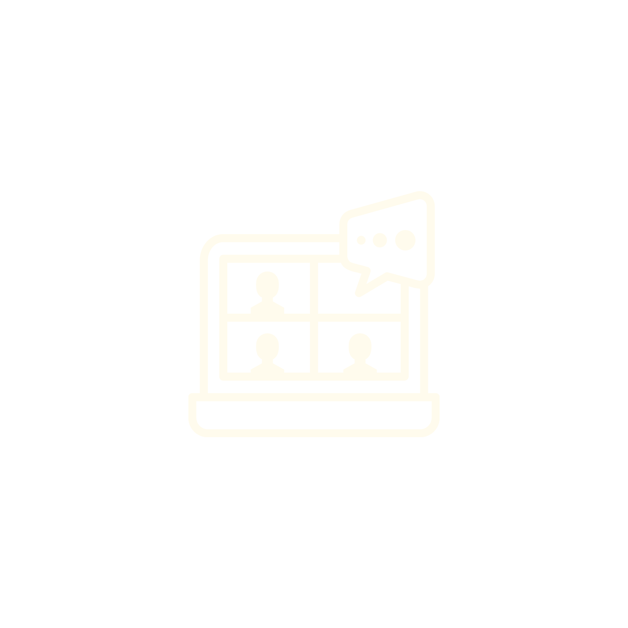 Icon of a laptop screen showing four people in a video conference with a speech bubble indicating communication.