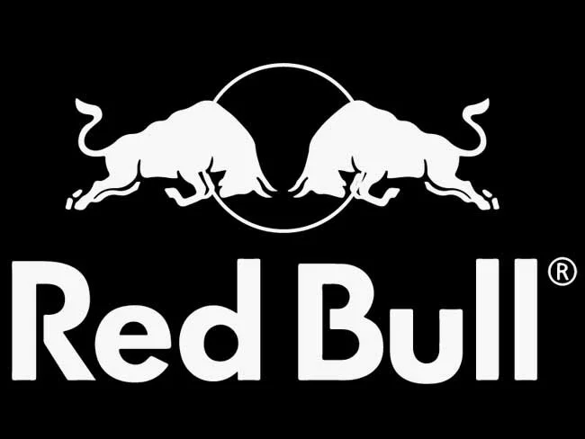 Red Bull logo with two white bulls charging towards each other inside a circle, and the text "Red Bull" below.