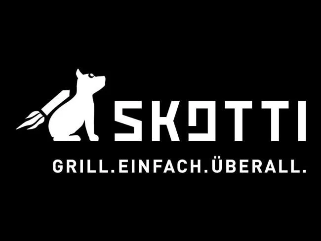 Black background with a white cartoon cat holding a spatula, the text 'SKOTTI' and the slogan 'GRILL. EINFACH. ÜBERALL.'