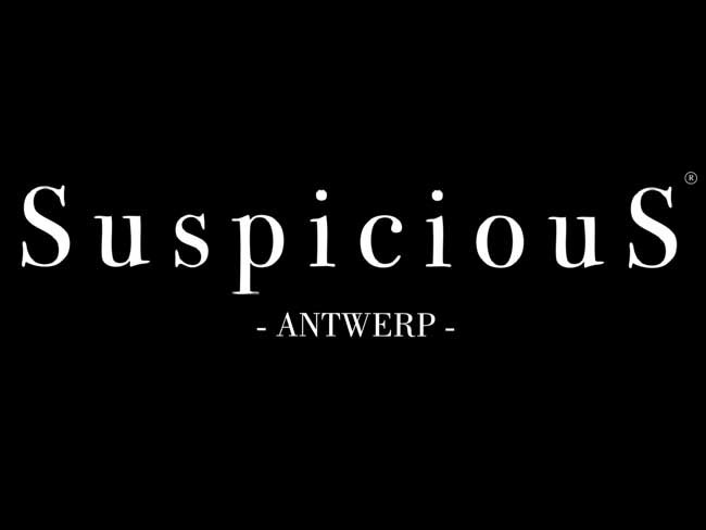 Text on a black background that reads "Suspicious - ANTWERP" in white font.